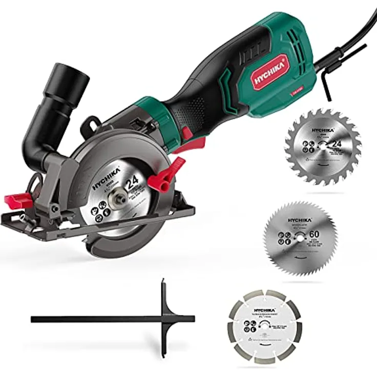 Kreissäge 750 W, HYCHIKA 3500 U/min, max. Schnitttiefe 48 mm (90°) und 32 mm (45°), Motor aus reinem Kupferdraht, Mini-Kreissäge zum Schneiden von Fliesen, Metall und Holz