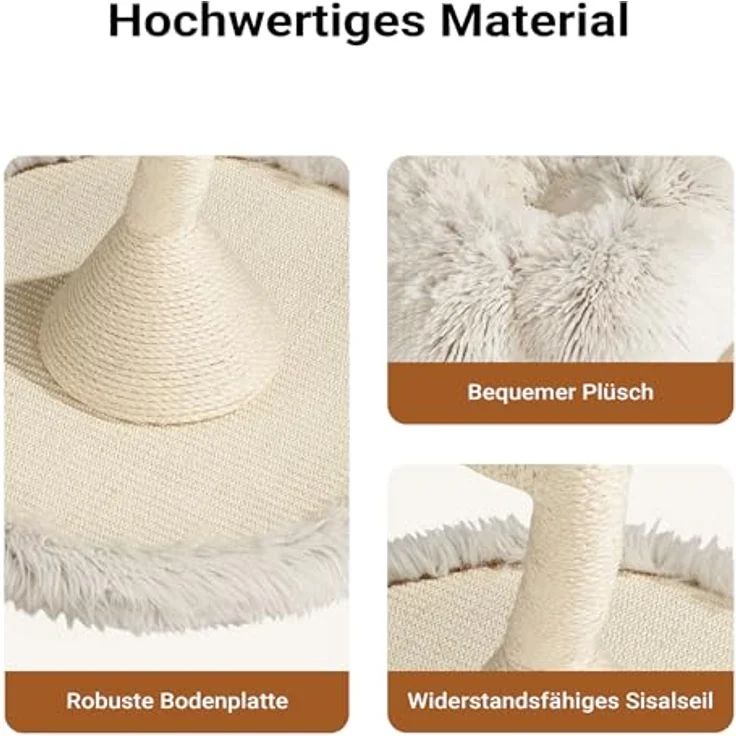 Fudajo Designer Kratzbaum, Ø 59 cm, 125 cm hoch, 3 Etagen mit Sisal und Plüsch, bis 15 kg belastbar, Katzenmöbel mit 3 Mulden – Bild 4