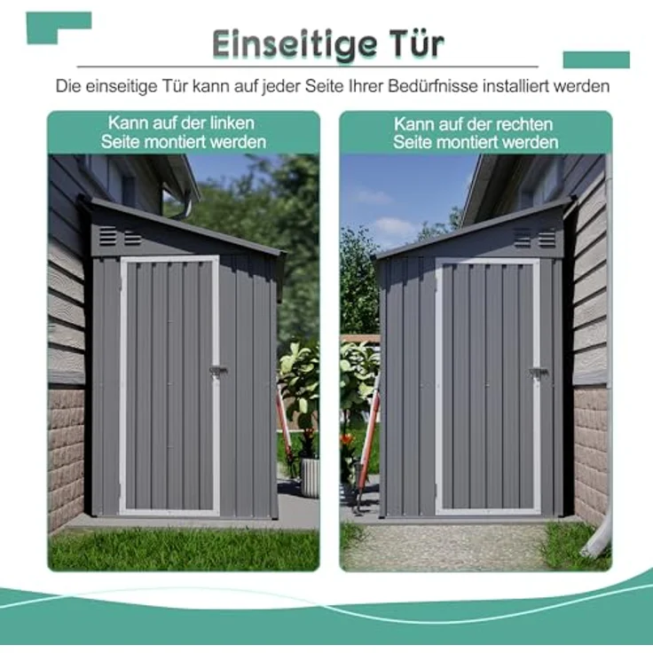 Thanaddo Metall Gerätehaus Gartenhaus 110x229x192cm, wetterfester Geräteschuppen mit Pultdach und Metallfundament, grau – Bild 4