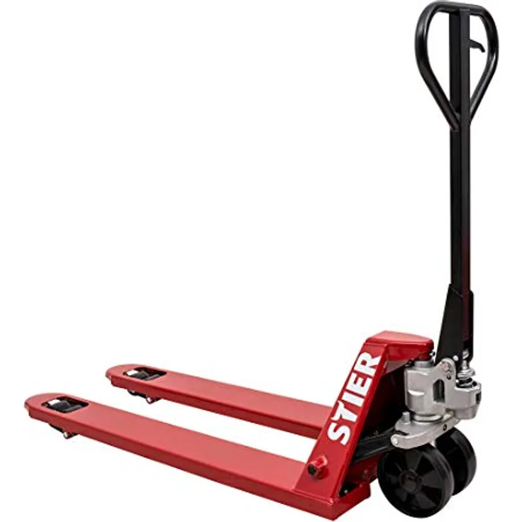 STIER Gabelhubwagen, Palettenhubwagen mit Tragkraft 2000 kg, Gabellänge 2000 mm, rot, wartungsfrei, Nylon-Rollen, Lenkeinschlag 210°