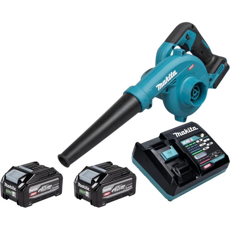 Makita Akku-Laubbläser UB002G 40 V max. mit 2x 4,0 Ah Akku und Schnell-Ladegerät, leichte Handhabung, XPT-Technologie, stufenlose Geschwindigkeitsregelung