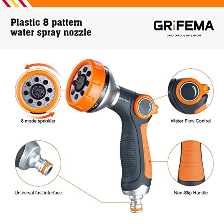 GRIFEMA GE1303 Gartenbrause, Handbrause mit 8 Bewässerungsmustern und einstellbarem Wasserdurchfluss für Gartenbewässerung, Autowäsche und Haustierdusche – Bild 3