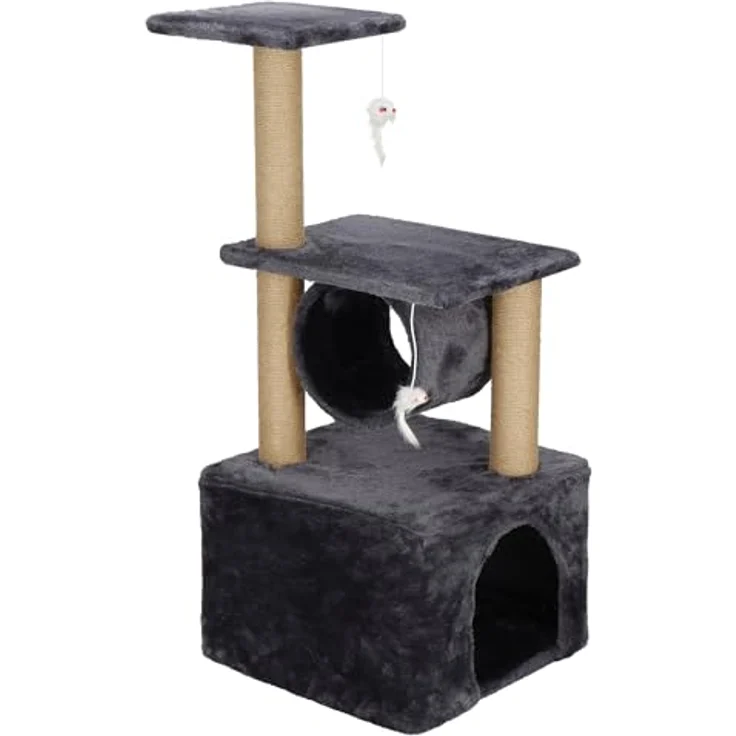 SPRINGOS Katzenkratzbaum mit Häuschen, 2 Plattformen und Spielmäusen, 62 cm, graphit – Bild 1