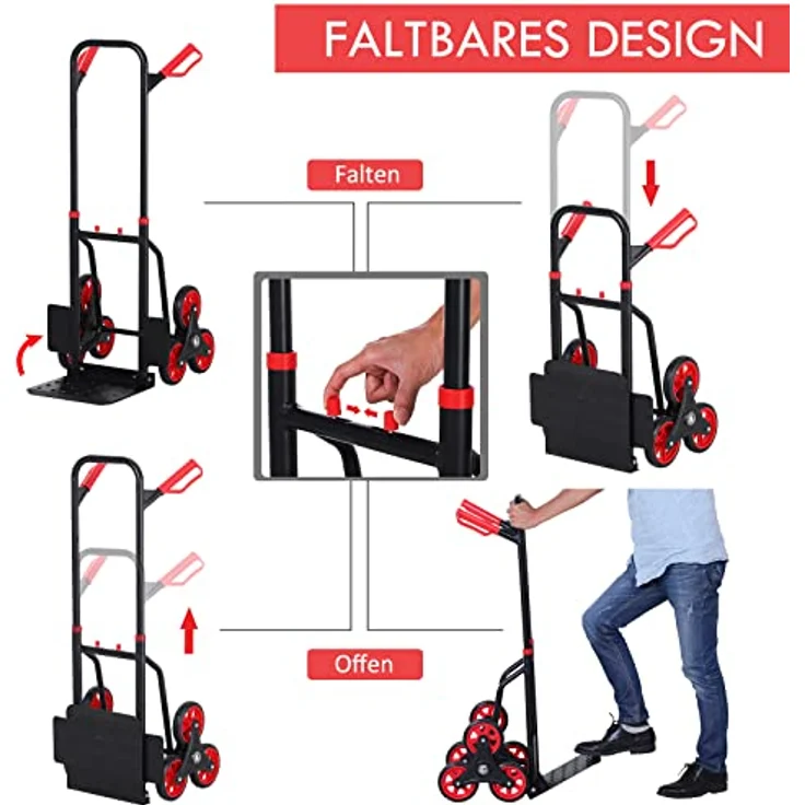 DURHAND Treppensteiger 150 kg Sackkarre Transportkarre Griff höhenverstellbar Klappbar Stahl 45 x 60 x 109 cm – Bild 4