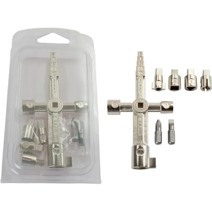 Dönges Multifunktionsschlüssel MFS, 122 x 64 mm, Innenvierkant und Schlitzschrauben, vernickelter Zinkdruckguss