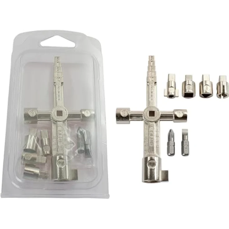 Dönges Multifunktionsschlüssel MFS, 122 x 64 mm, Innenvierkant und Schlitzschrauben, vernickelter Zinkdruckguss – Bild 1