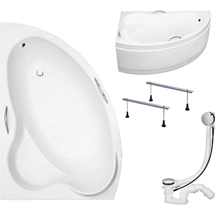 KOLMAN ADA Eckbadewanne 140x90 Links, 4in1 Komplettset mit Acrylschürze, automatischem Siphon und Füßen, reinweiß