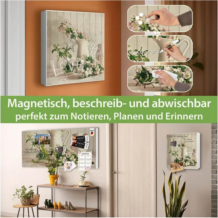 banjado Schlüsselkasten mit Motiv Stillleben Kirschblüten, Metall, 32 Haken, beschreibbar & magnetisch, 30 x 30 x 5 cm, weiß