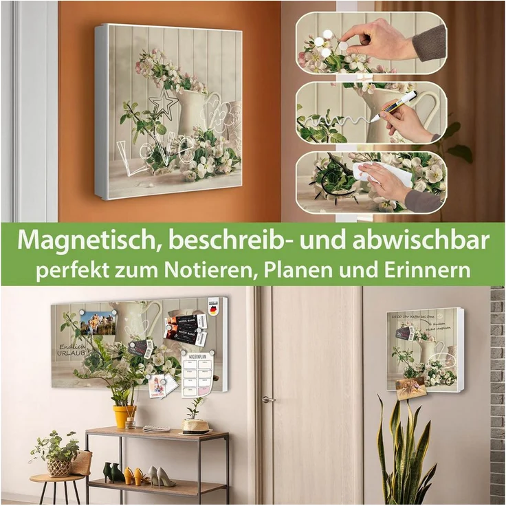 banjado Schlüsselkasten mit Motiv Stillleben Kirschblüten, Metall, 32 Haken, beschreibbar & magnetisch, 30 x 30 x 5 cm, weiß