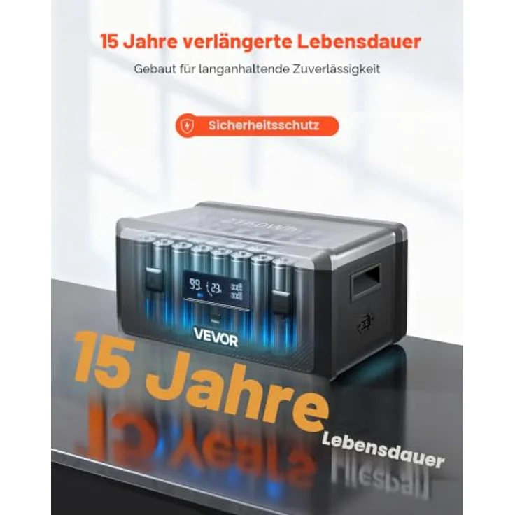 VEVOR Zusatzakku Q2400BP, 2160 Wh LiFePO4-Erweiterungsakku mit 3 Anschlüssen für tragbare Powerstation, Schwarz & Grau, ideal für Zuhause, Camping und Notfälle – Bild 4