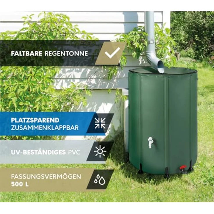 WESTMANN Faltbare Regentonne | 500 Liter Grün | Regenwassertank & Regenfass mit 2 Abläufen – Bild 2