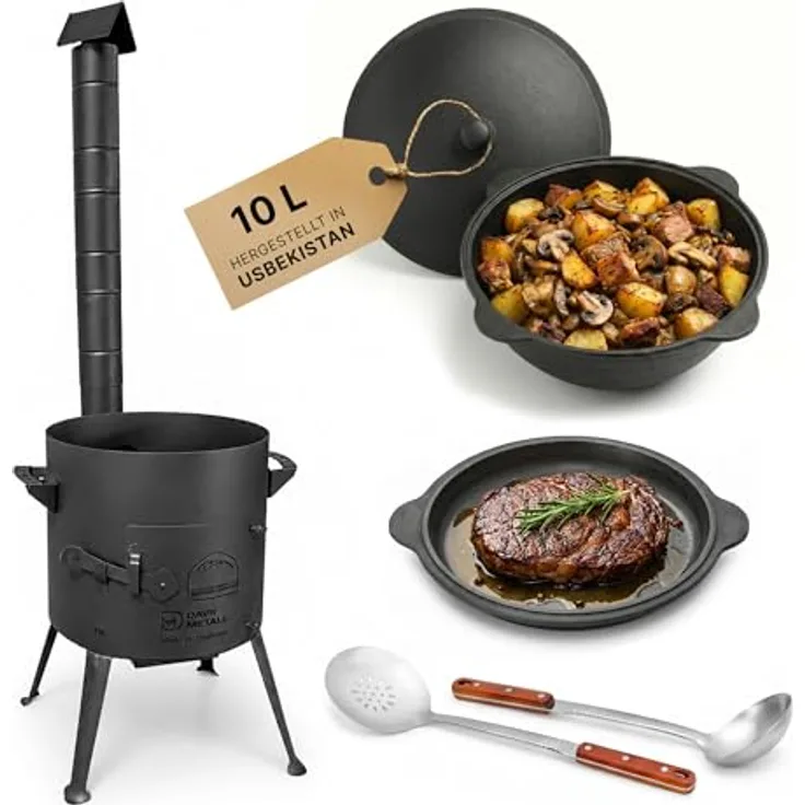 BIG-PAN Utschak 10L Gusseisen Kazan Dutch Oven Set, robustes BBQ & Camping Kochsystem mit 2mm Stahl, Abzugsrohr und Aschekasten