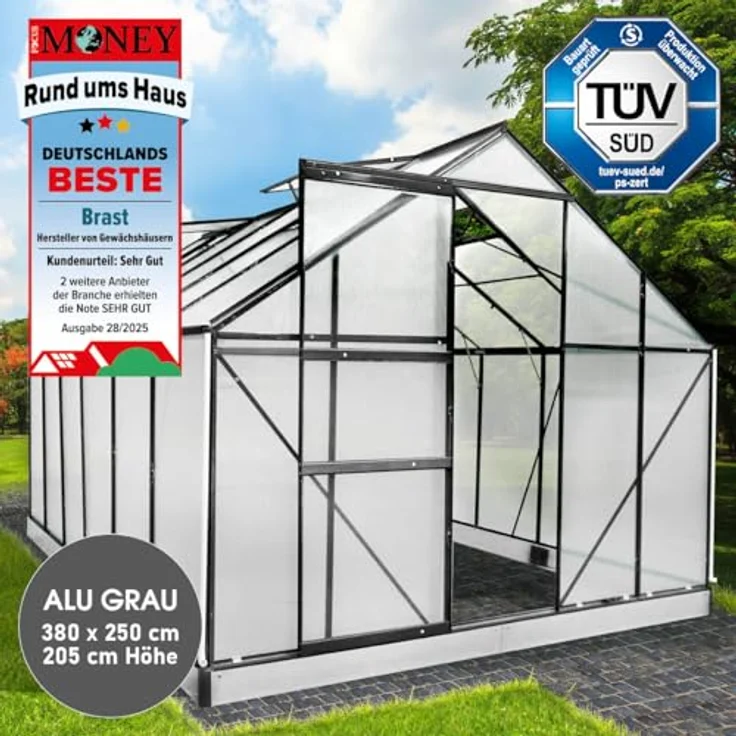 BRAST Gewächshaus Aluminium mit Fundament, TÜV geprüft, 6mm Hohlkammerplatten, rostfrei, wetterfest, temperaturbeständig, 380x250x205cm, grau – Bild 2