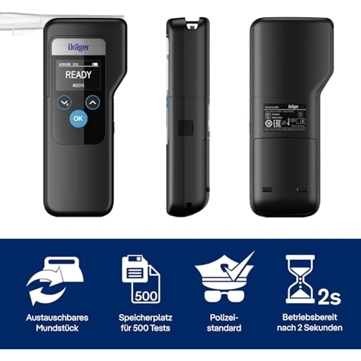 Dräger Alcotest 6000 | Polizeigenauer Alkoholtester, Promilletester mit 3 austauschbaren Mundstücken | Digitaler Promille-Tester – Bild 2