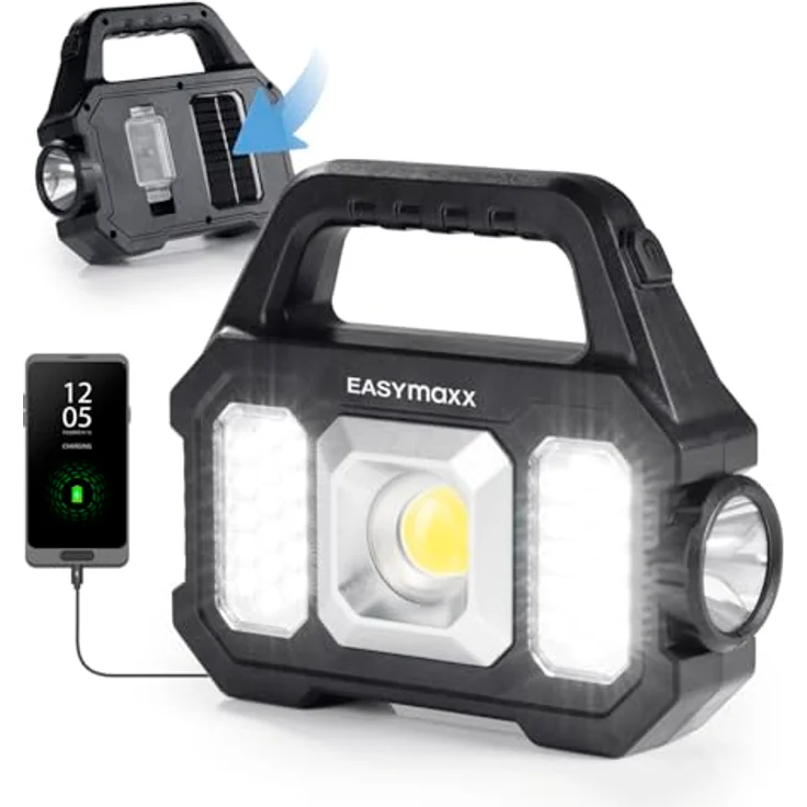 EASYmaxx LED Taschenlampe Solar-Arbeitsleuchte 3 in 1, COB-Strahler, dimmbares Seitenlicht, USB-C und Solarpanel, ideal für Outdoor und Camping – Bild 1