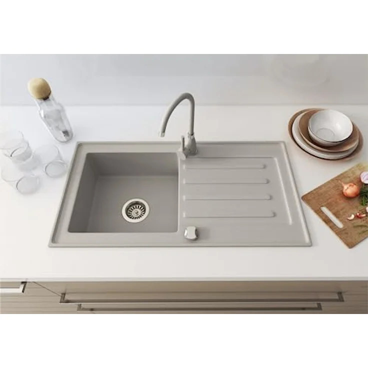 Faizee Möbel Granitspüle Küchenspüle inkl. Siphon Set 75x45, Rechteck, Grau, hitzebeständig bis 280°C – Bild 3