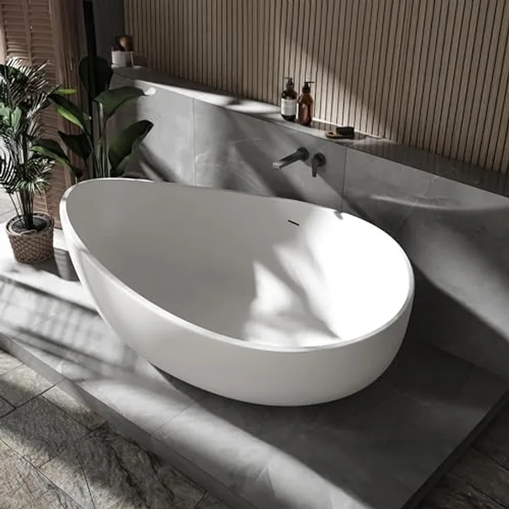BERNSTEIN Freistehende Badewanne WAVE STONE aus Mineralguss - 180 x 110 cm - Weiß - Matt, Komfortable Liegeposition, gute Wärmeisolierung