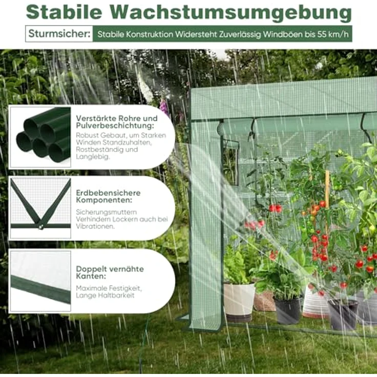 Sekey Tomatengewächshaus 200x170x77 cm, Begehbar, Stabil, Winterfest, UV-beständig, Grün – Bild 3