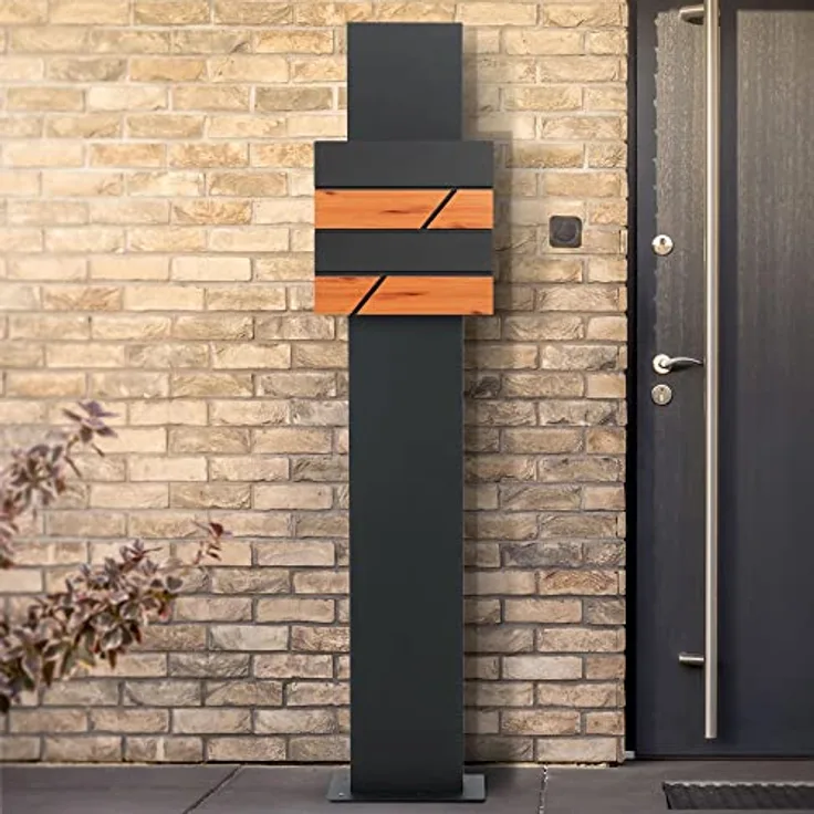 ECD Germany Standbriefkasten mit Zeitungsfach, Briefkasten Standfuß freistehend, Briefkastenständer Anthrazit 170 cm aus Edelstahl pulverbeschichtet, Postkasten Anthrazit-Holzoptik aus Stahl