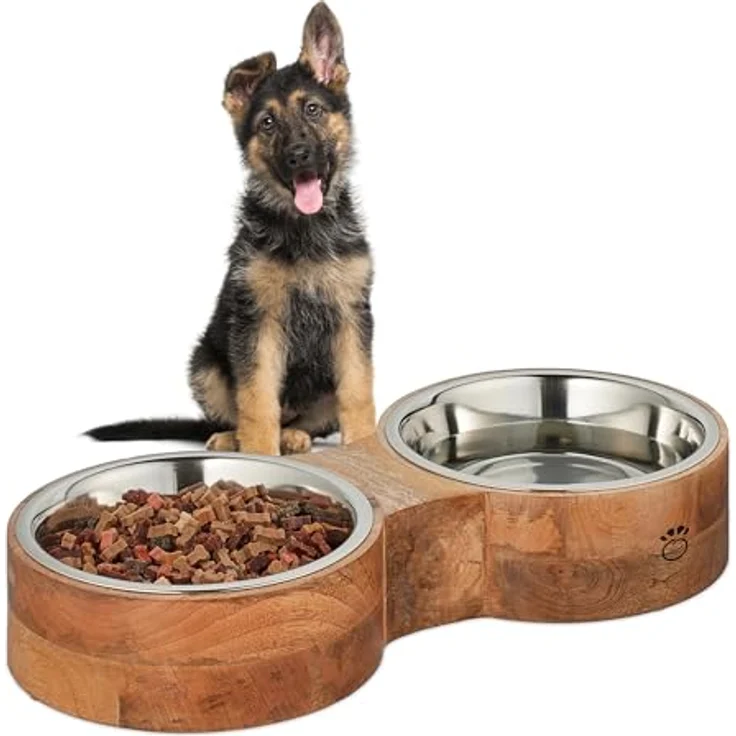 Relaxdays Hundenapfbar, für Hunde, 2 Edelstahlnäpfe, je 2,2l Volumen, HxBxT: 8 x 48 x 22 cm, Futterbar, Natur/Silber – Bild 1