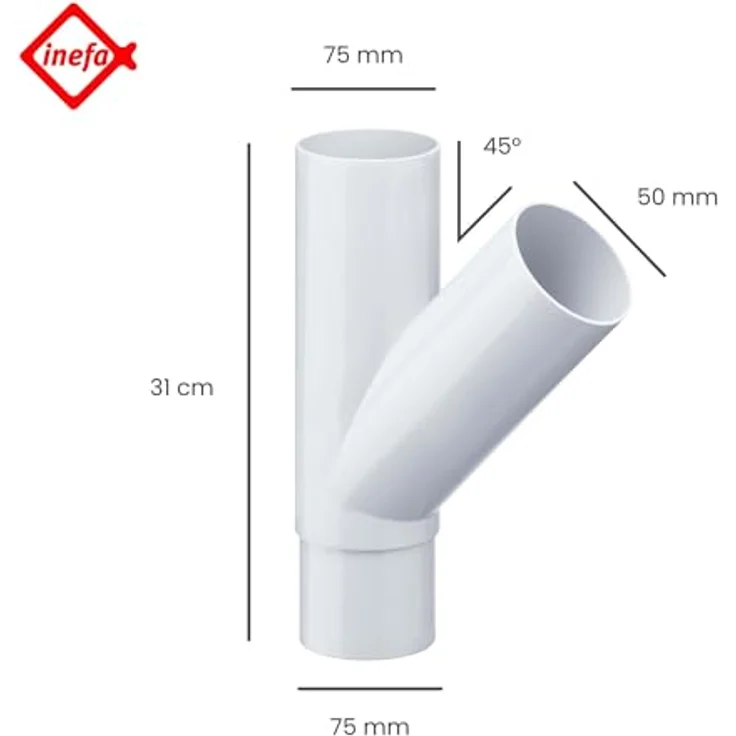 INEFA Abzweiger Fallrohr 45 Grad, PVC DN75/50 Weiß, witterungsbeständig, einfache Montage, Made in Germany – Bild 2