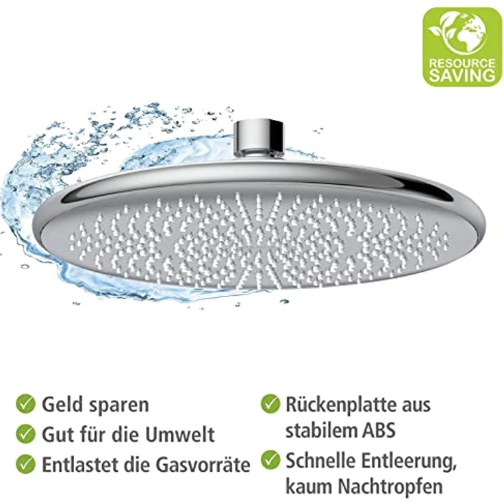 WENKO Wasserspar Regenduschkopf Watersaving, Universal-Kopfbrause mit nachhaltigem Wasserspar-System, 40% Wasser sparen bei vollem Komfort, Duschkopf Ø 22,5 cm, Edelstahl/Messing/ABS Chrom – Bild 4