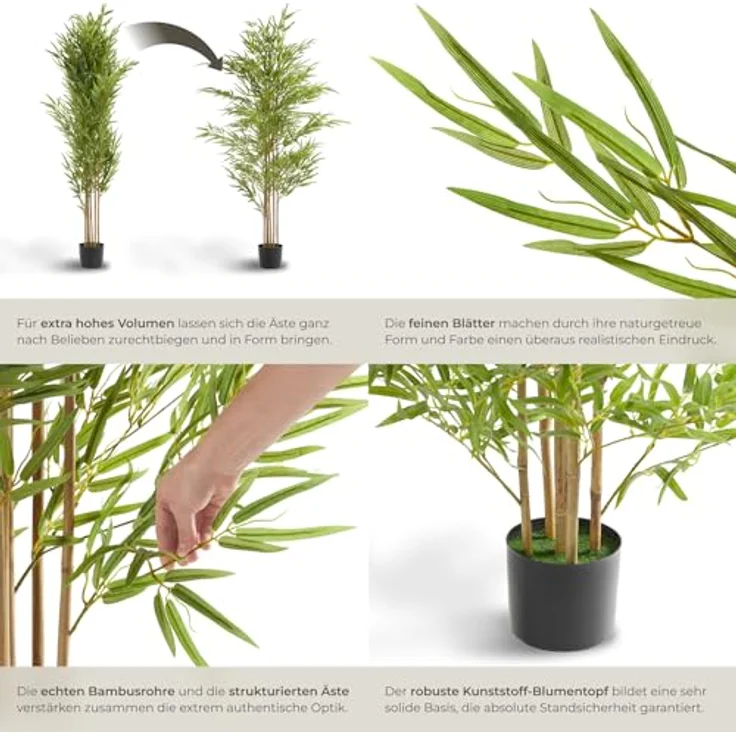 tectake® Bambus Kunstpflanze, künstlicher Pflanzenbaum mit naturgetreuer Optik, 180 cm, pflegeleicht für Wohnzimmer, Küche, Badezimmer und Schlafzimmer Deko – Bild 4