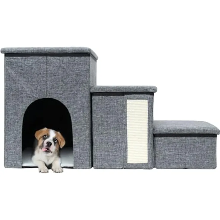 Intirilife Faltbare Hundetreppe mit 3 Stufen in Grau - Haustiertreppe mit Stauraum, Kratzmatte, Höhle - Ideal für kleine Hunde