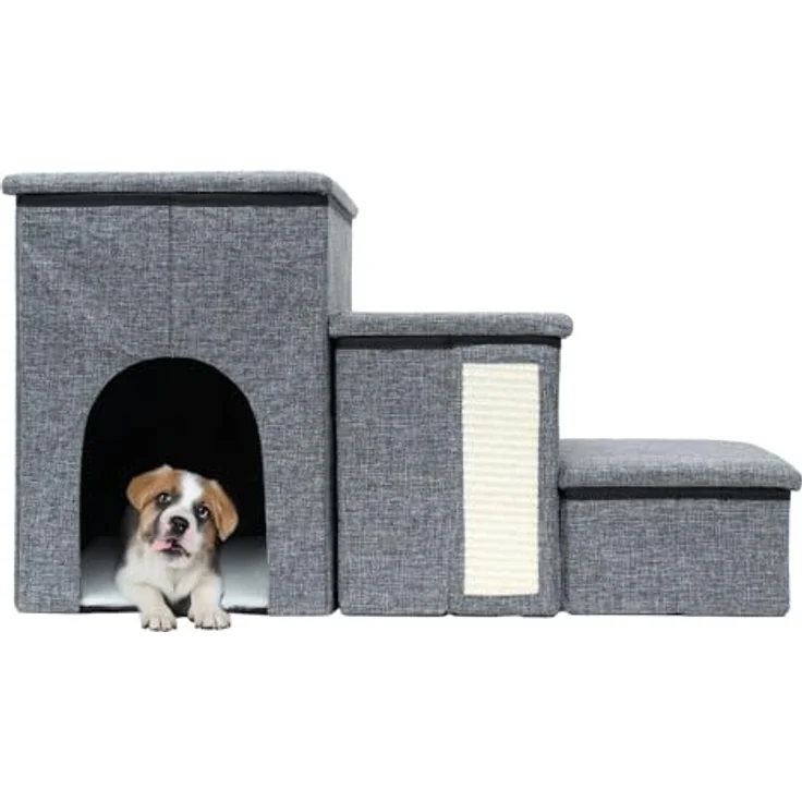 Intirilife Faltbare Hundetreppe mit 3 Stufen in Grau - Haustiertreppe mit Stauraum, Kratzmatte, Höhle - Ideal für kleine Hunde – Bild 1