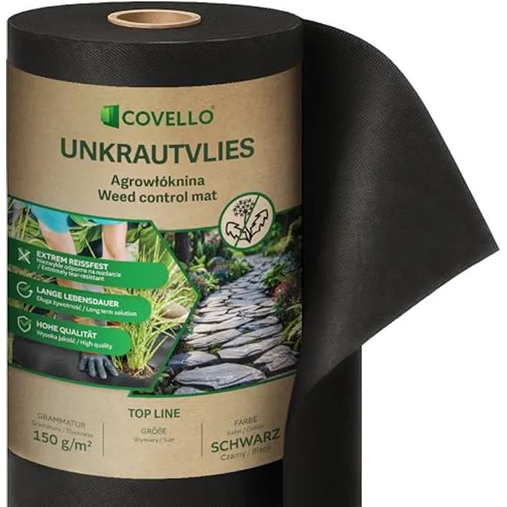 Covello Unkrautvlies 1m² Top Line – wasserdurchlässige Unkrautschutzfolie mit hoher UV-Stabilisierung, reißfestes Vlies 150g/m², schwarz