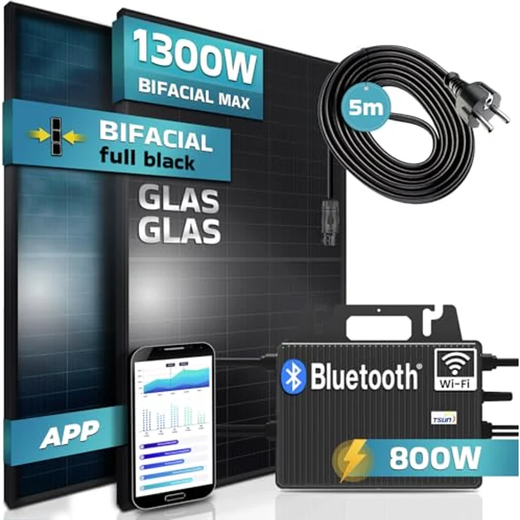 VENDOMNIA SUNNIVA® 1300W Balkonkraftwerk, 800W Steckdosensystem, 2x 500W Bifazial-Glas-Glas Module, schwarz, inklusive 5m Anschlusskabel, TSUN 800W Wechselrichter – Bild 2