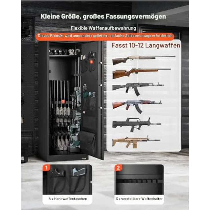 VEVOR Gewehrschrank Langwaffenschrank für 10-12 Gewehre, Gewehrtresor mit 4 Pistolentaschen, 3 verstellbaren Regalen, Schlüssel- und Passwortschloss, robuster Stahl, 150° Weitwinkeltür – Bild 2