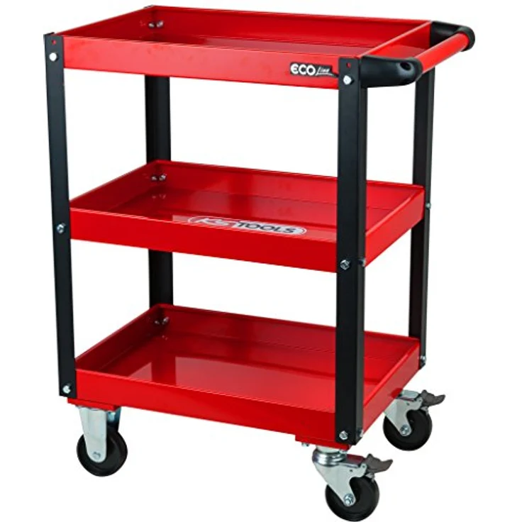 KSTOOLS ECOline Werkstatt-Servicewagen, H850xB680xT425mm, stabiler Stahlblech-Konstruktion, 3 Etagen, rot, hohe Tragkraft bis 150 kg, leicht rollbar mit 4 Rädern – Bild 1