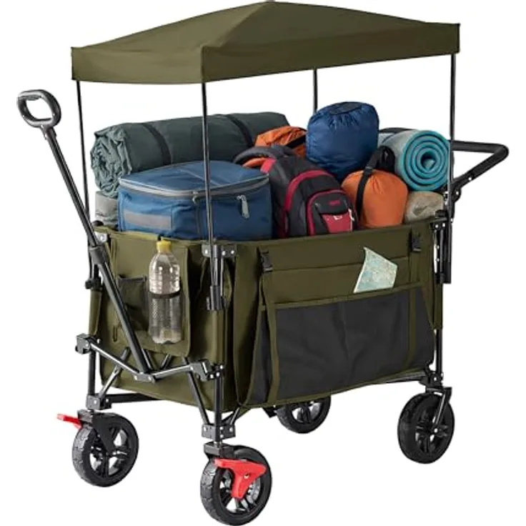 Relaxdays Bollerwagen, faltbar, 150 kg Traglast, mit Dach, Teleskop- und Schiebegriff, Gummireifen mit Bremse, grün