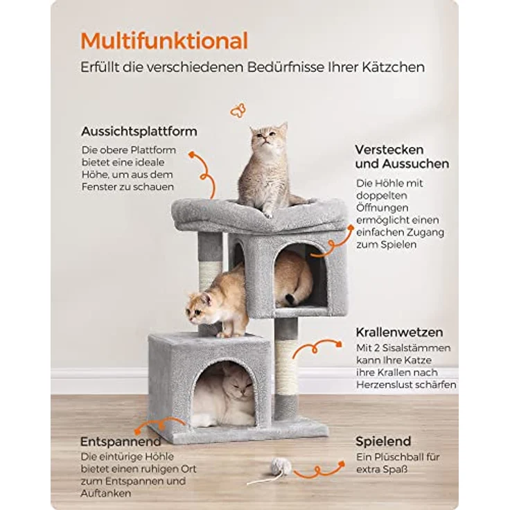 Feandrea Kratzbaum klein, 67 cm Katzenbaum, Katzenhaus für Kätzchen bis zu 3 kg, große Plattform, Sisalstämme, hellgrau PCT611W01 – Bild 4