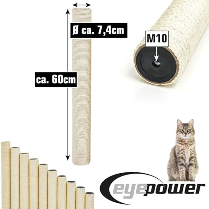 eyepower Kratzbaum 60 cm Sisalstamm für Kratzbaum Ersatzstamm M10, Ø 7,1 cm Sisalsäule Kratzstamm - Robustes Naturmaterial, 60cm Länge, Ø 7,1cm Durchmesser, M10 Gewindegröße, 4mm starkes Sisalseil – Bild 6