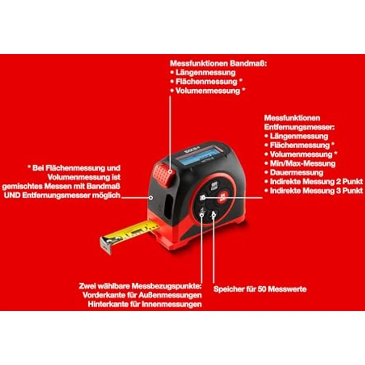 SOLA METEC 2 in 1, Digitales Maßband (5m) und Entfernungsmesser (20m) mit LCD-Anzeige, 7 Messfunktionen, Bluetooth Übertragung zur SOLA Measures App, gelb – Bild 3