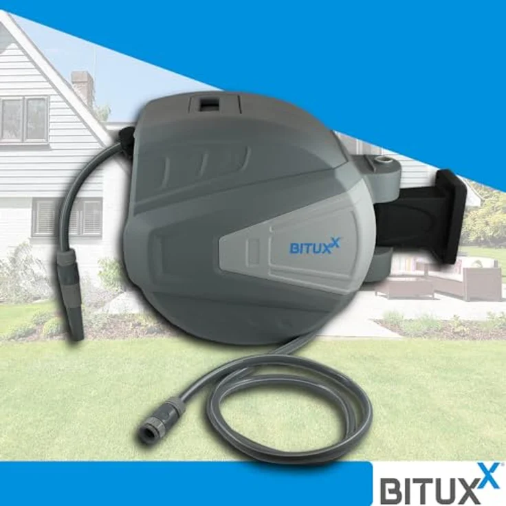 Bituxx Wand Wasser Schlauchtrommel, Automatik Schlauchaufroller mit 30 m Wasserschlauch, inklusive Spritzdüse und Montagematerial – Bild 2