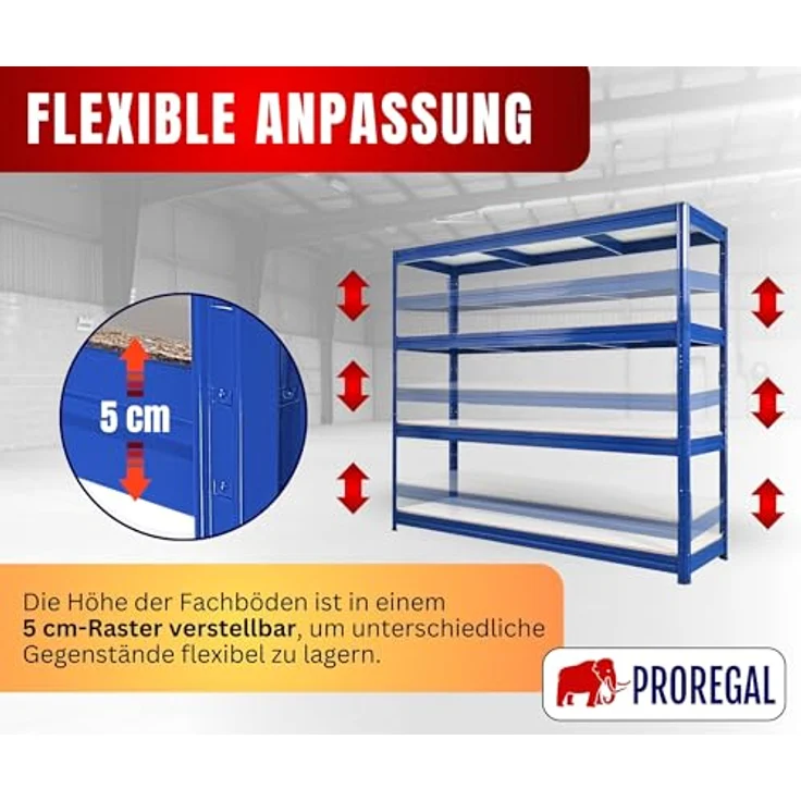 Proregal Schwerlastregal DINO, 180 x 200 x 60 cm, Traglast 500 kg pro Boden, 4 Fachböden, Steckmontage, Blau – Bild 4