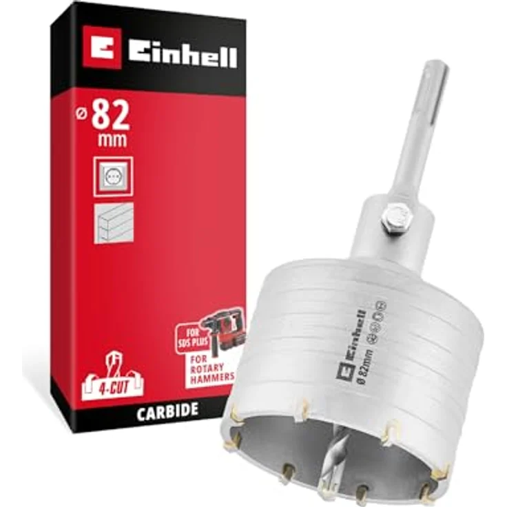 Einhell HM-Bohrer- und Bit-Set, 82 mm Hohlbohrkrone mit 8 Hartmetallzähnen, SDS-Plus-Schaft, inkl. Zentrierbohrer 8 mm – Bild 1