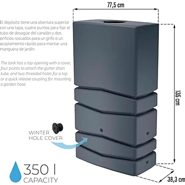 Prosperplast Wasserfass Aqua Tower 350L, Maße (mm) 775x383x1350, anthrazit, Kunststoff Spülkasten, regenwasserkasten, aus der Aqua Tower Kollektion – Bild 2