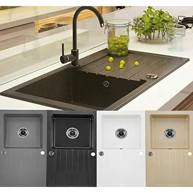 Granitspüle Küchenspüle Granit Siphon Einbauspüle Spülbecken Spüle Granit 76x45 (Schwarz - ZQZ2113)