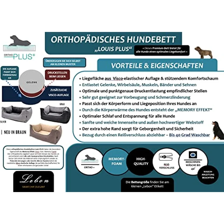Lebon - Hundebett Louis Plus - 3 Größen - 80cm, 100cm und 120cm - Orthopädisch - Hochwertig und Made in EU - 3 Farben - 3 Größen - Kuschlweich - Hoher Rand - Waschbar - Bester Liegekomfort (M, Braun) – Bild 4