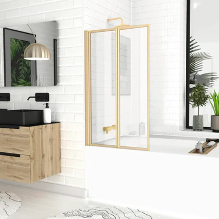 AURLANE Badewannenaufsatz 2-teilig Duo, Klarglas, Profilfarbe gold, 70 x 120 cm, mit verdeckten Verschraubungen und verstellbarem Wandprofil