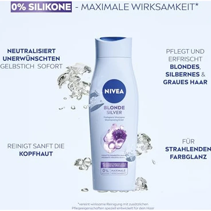 NIVEA Blonde Silver Farbglanz Shampoo, 250 ml, Silbershampoo mit Kornblumenextrakt und Biotin zur Auffrischung von blondem, silbernem & grauem Haar – Bild 3