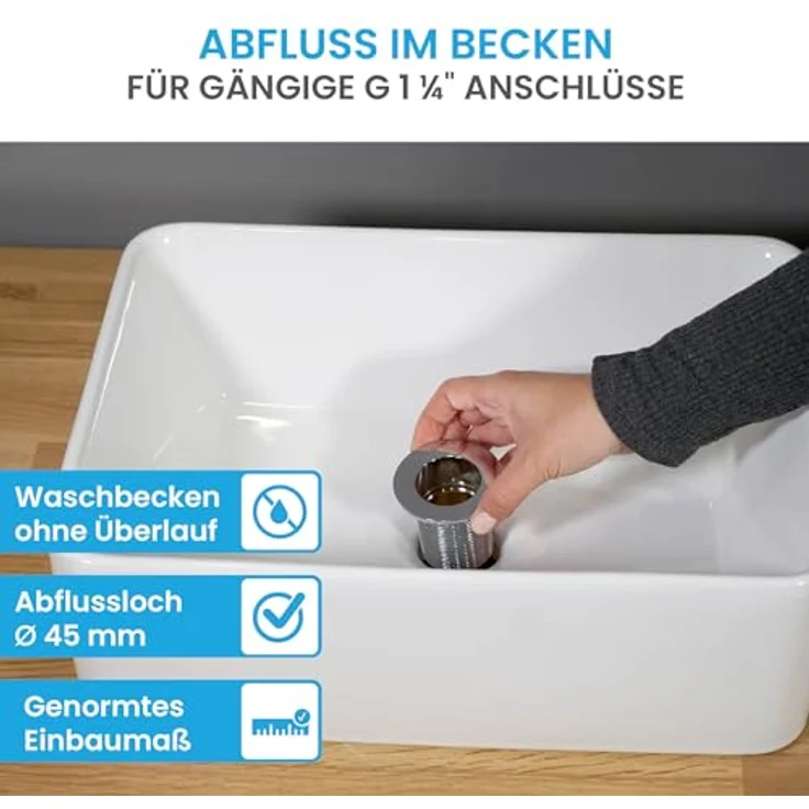 Bächlein Aufsatzwaschbecken Endina, eckig aus Sanitärkeramik, strahlend weiß, mit Silikontube – Bild 6