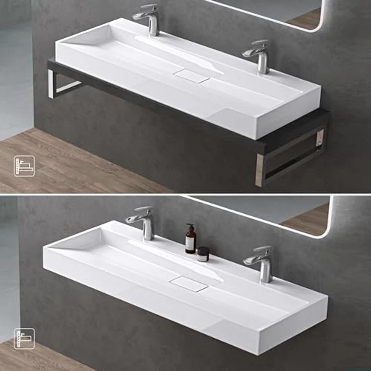 doporro Aufsatzwaschbecken Waschbecken Col19 Gussmarmor Waschtisch inkl. Ablaufgarnitur, mit Hahnlöcher, Eckiges Design, Hochwertiges Gussmarmor, Einfache Montage, Weiß – Bild 4