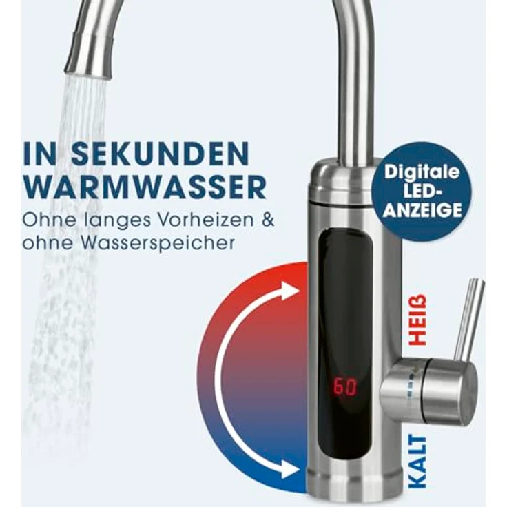 MAXXMEE Elektrische Edelstahl Armatur mit Durchlauferhitzer, 3600 Watt, 60 °C warmes Wasser, LED Temperaturanzeige, 2 wechselbare Wasserhähne – Bild 3