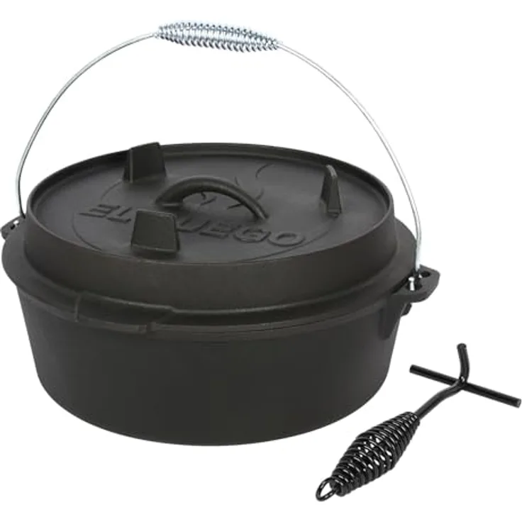 Dutch Oven 7,3 Liter von El Fuego®, 100% Gusseisen, inkl. Schürhaken und Tragebügel, Camping & Outdoor