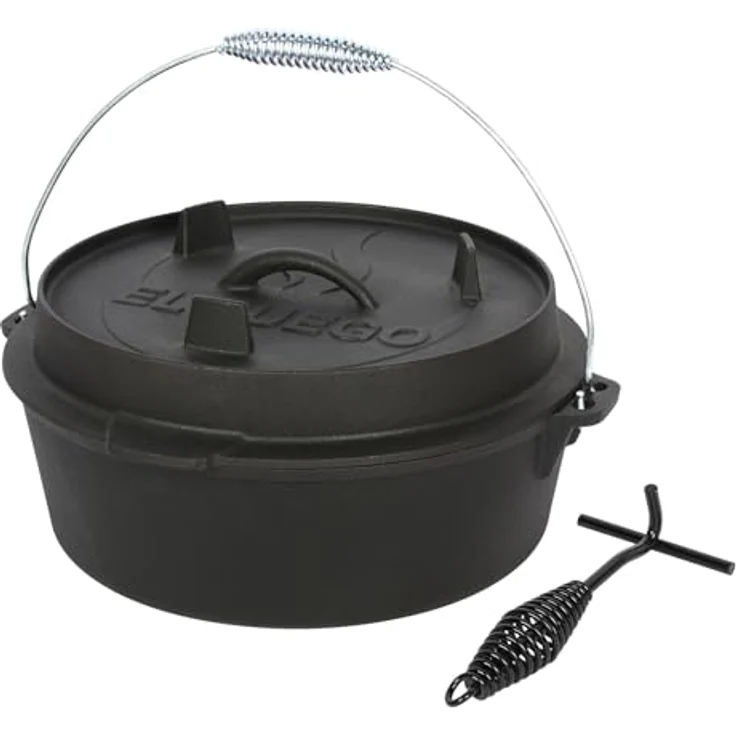 Dutch Oven 7,3 Liter von El Fuego®, 100% Gusseisen, inkl. Schürhaken und Tragebügel, Camping & Outdoor – Bild 1
